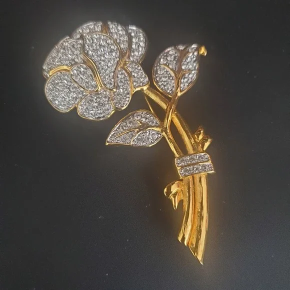 Nolan‎ Miller Brooch Large Pave Rhinestone Rose Flower Glamour Collection IOB